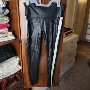 SPANX Black Faux Leather Striped Leggings